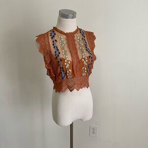 Embroidered Lace Crop Top - Orange